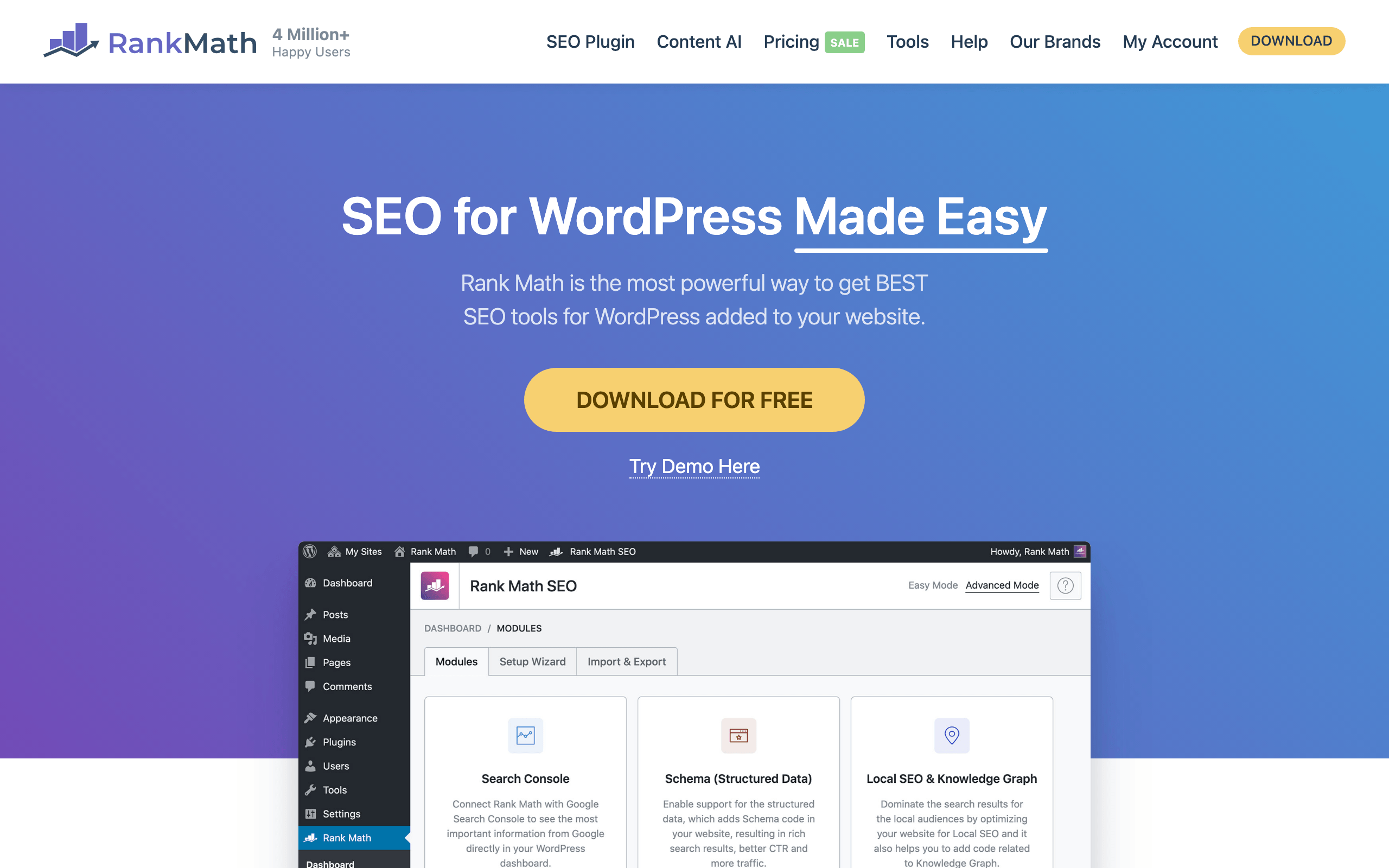 Rank Math homepage: SEO for WordPress with the modules dashboard