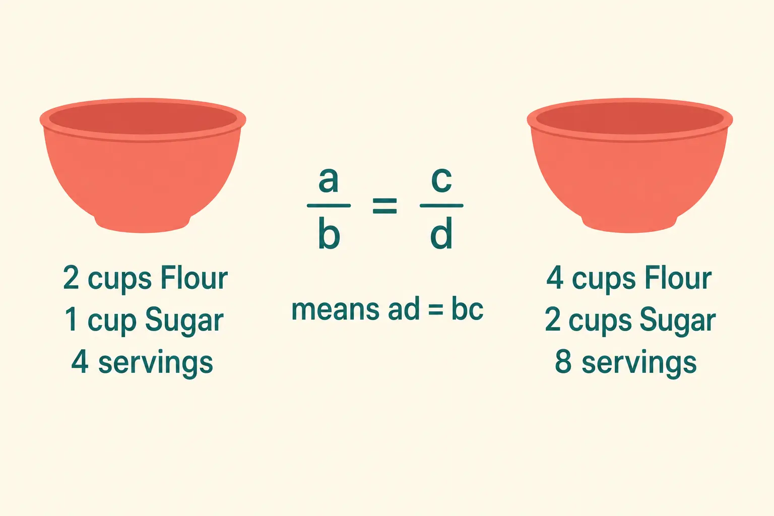 Two recipe batches, 2 cups flour and 1 cup sugar for 4 servings doubled to 4 cups and 2 cups for 8, beside the identity a/b = c/d means ad = bc