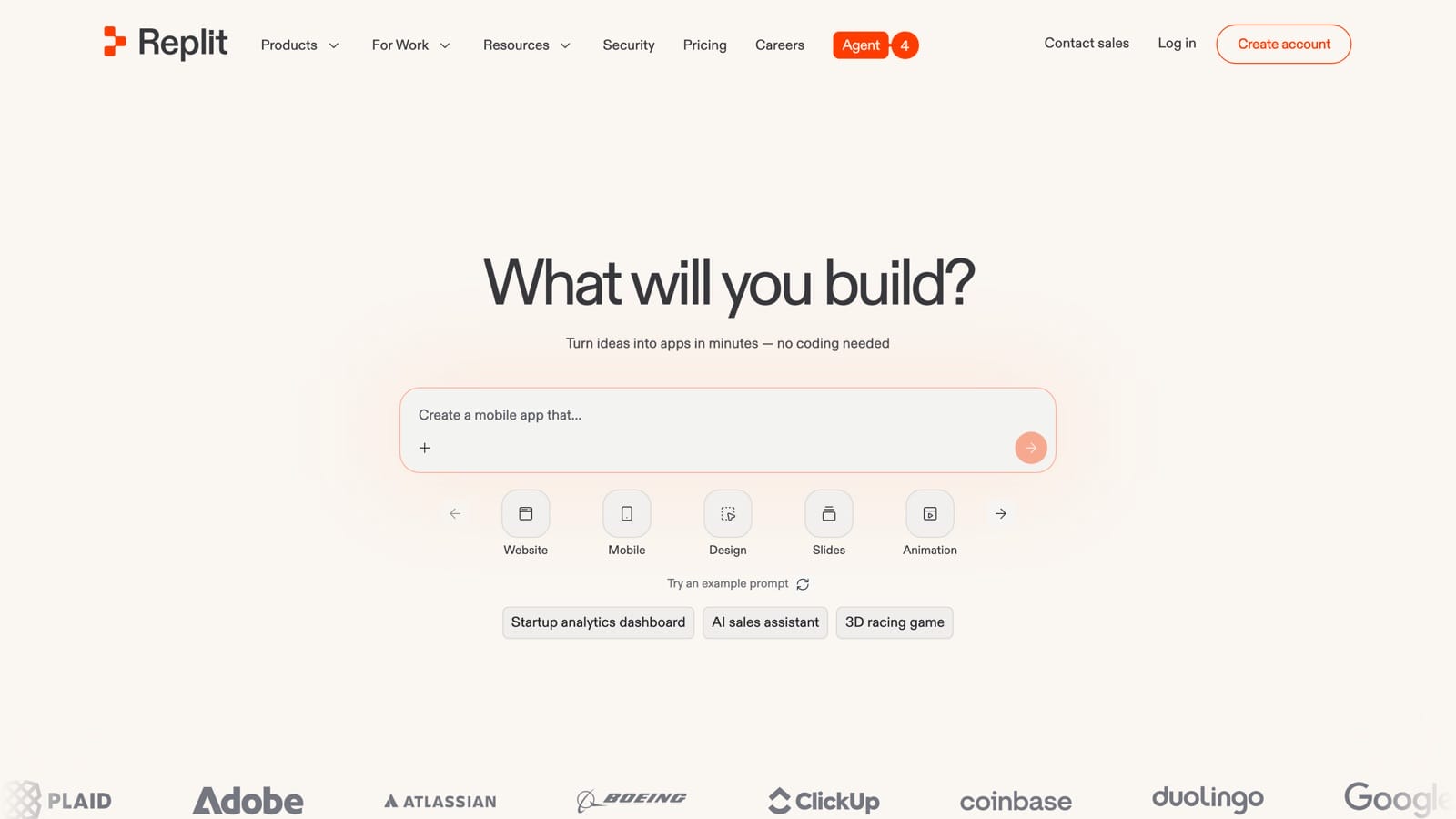 Replit home page showing its AI app building interface
