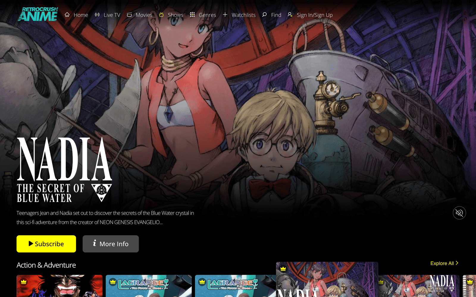 RetroCrush classic anime interface featuring Nadia The Secret of Blue Water