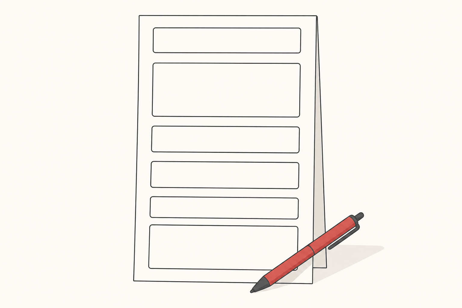 A blank review template standing upright with 6 empty outlined slots in a column and a pen resting across its corner