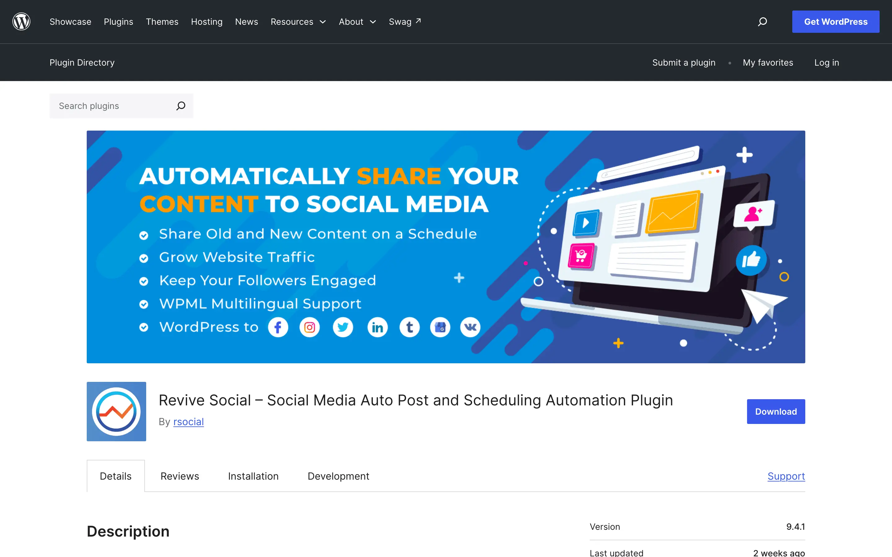 Revive Social plugin listing on WordPress.org for auto-posting and re-sharing WordPress content on a schedule