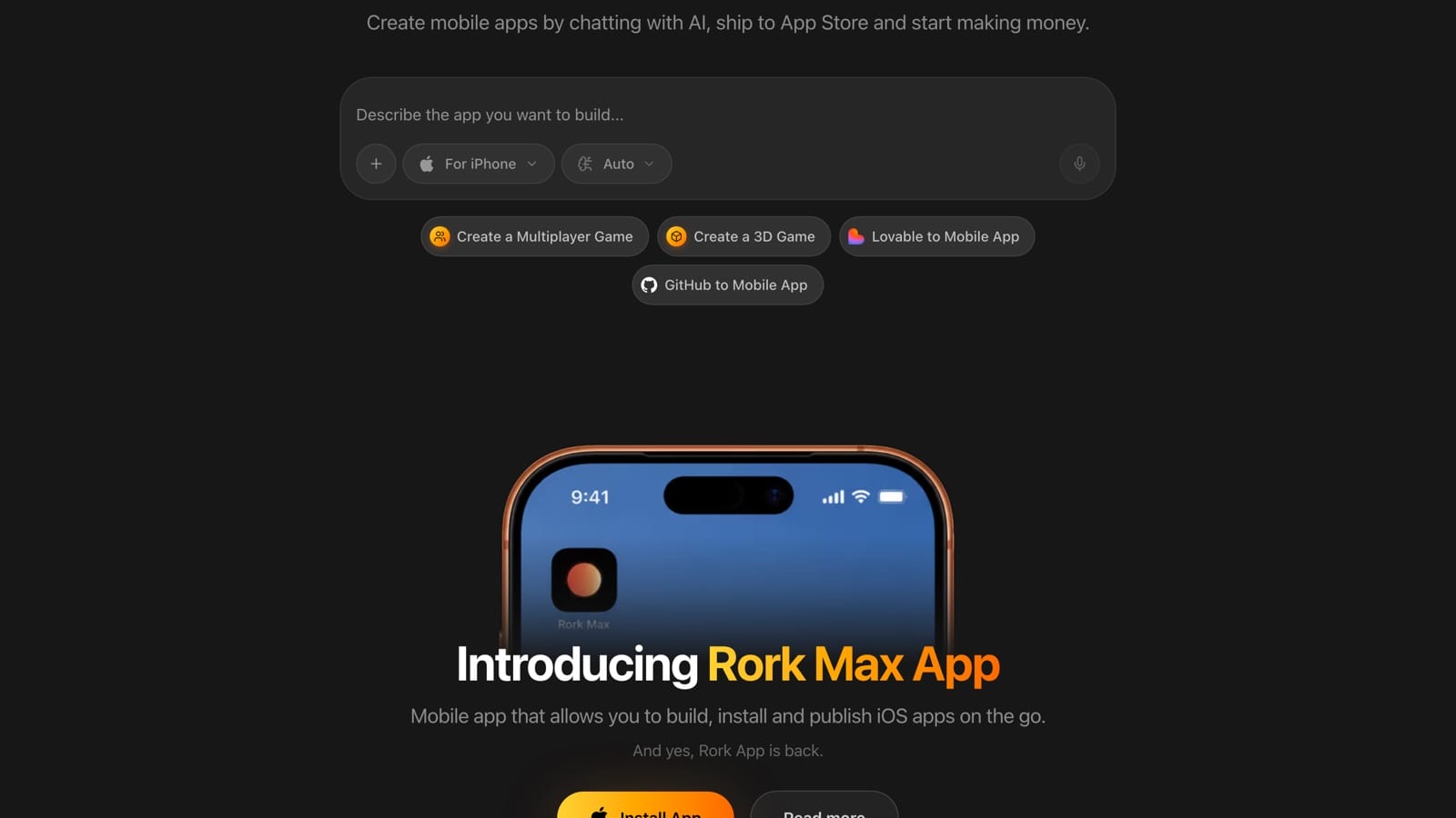 Rork prompt box set to build for iPhone, above a phone showing a generated app
