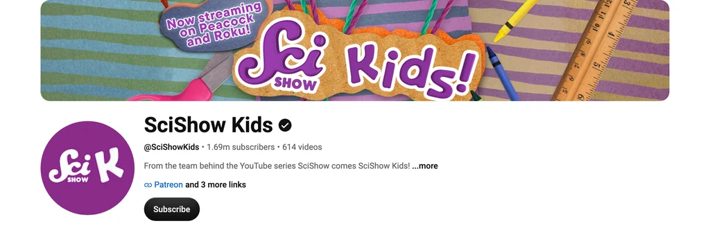 The SciShow Kids YouTube channel page, showing the SciShow Kids banner and the channel description from the SciShow team.