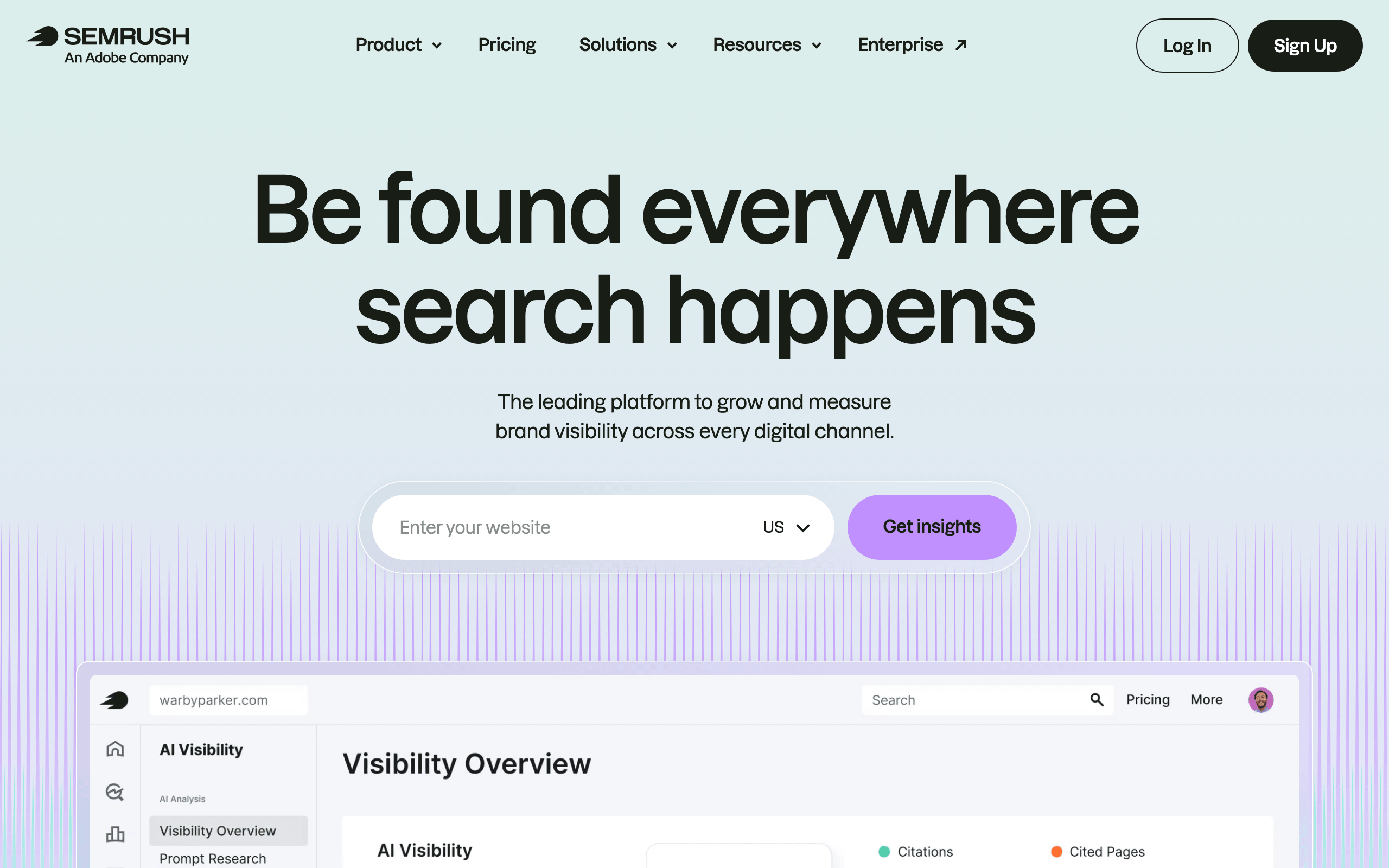 Semrush homepage positioning the platform around brand visibility in both search and AI