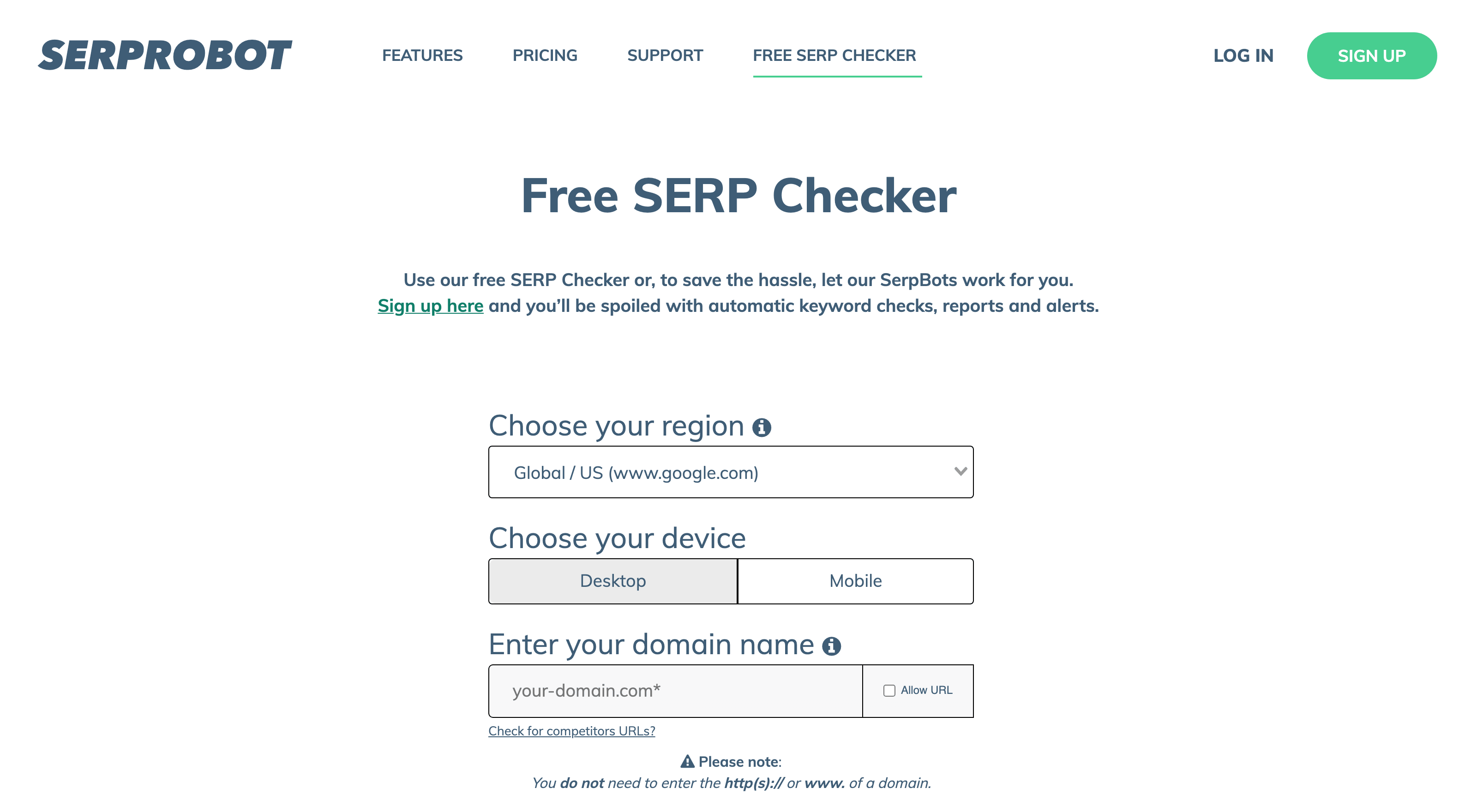 Free SERP checker form with region, device and domain fields and no account required