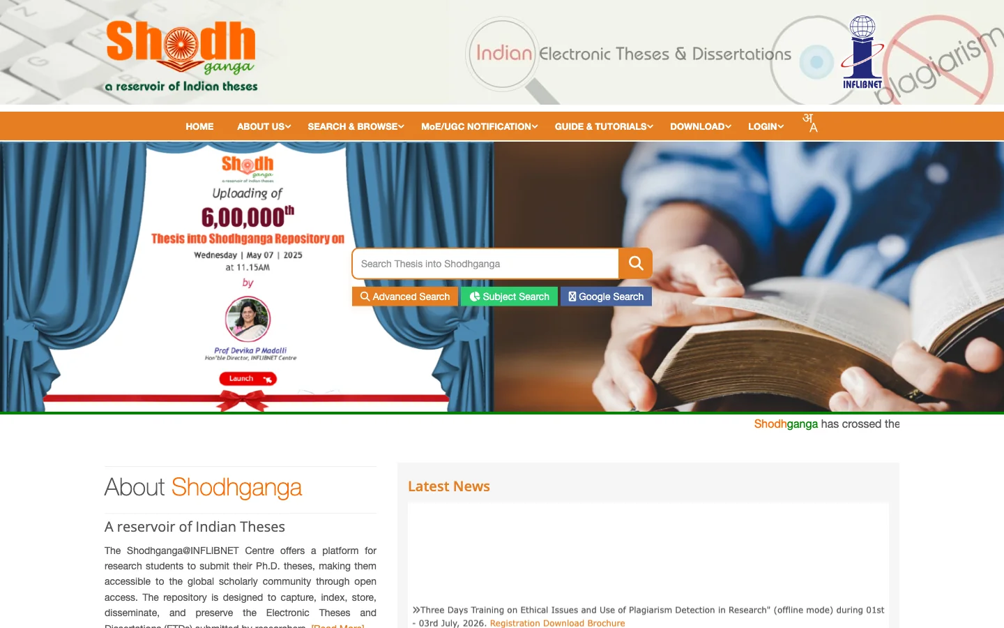 Shodhganga homepage for searching Indian electronic theses and dissertations
