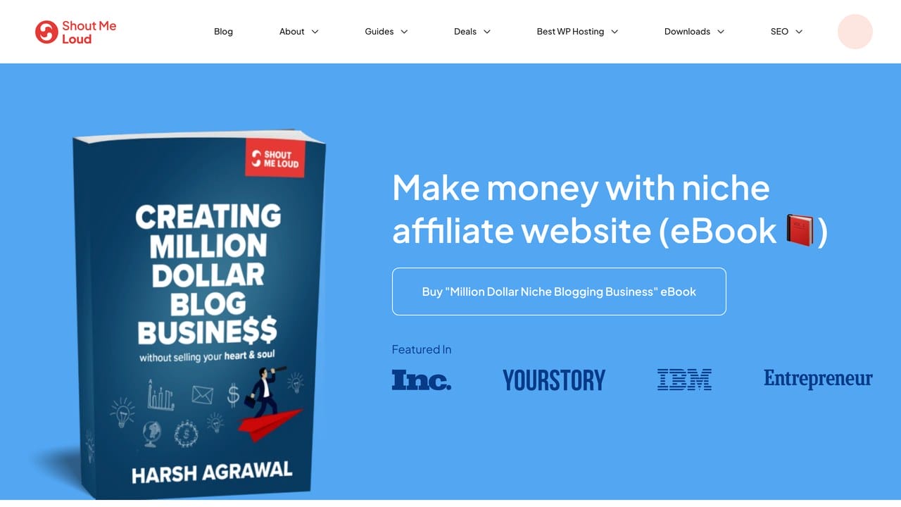 ShoutMeLoud homepage by Harsh Agrawal promoting his million-dollar blog business ebook.