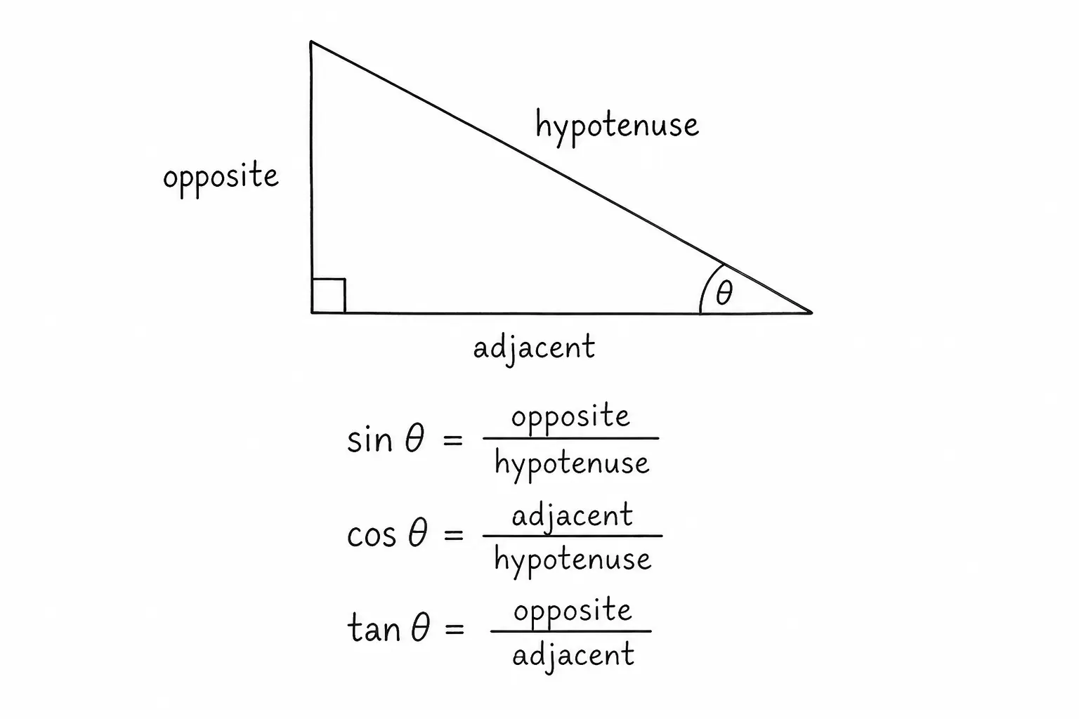 Right triangle labeled opposite, adjacent and hypotenuse with the three ratio definitions below it
