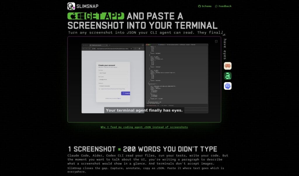 SlimSnap homepage showing a screenshot converted into structured JSON for coding agents