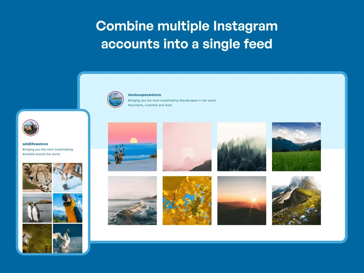 Smash Balloon feature graphic showing multiple Instagram accounts combined into a single embedded feed