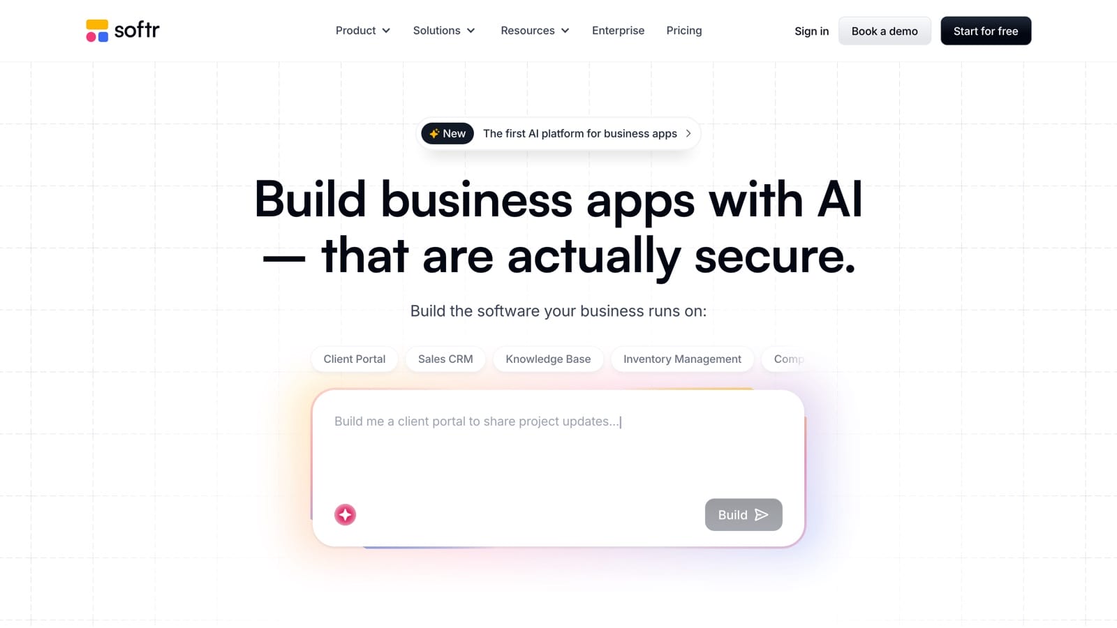 Softr home page with a prompt box for building a client portal