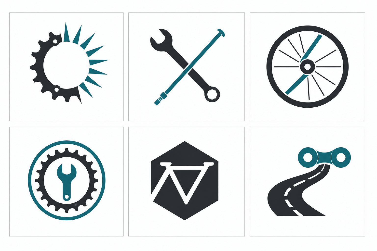 Six distinct flat logo concepts for a bicycle repair brand produced by a constraint-stacked ChatGPT prompt