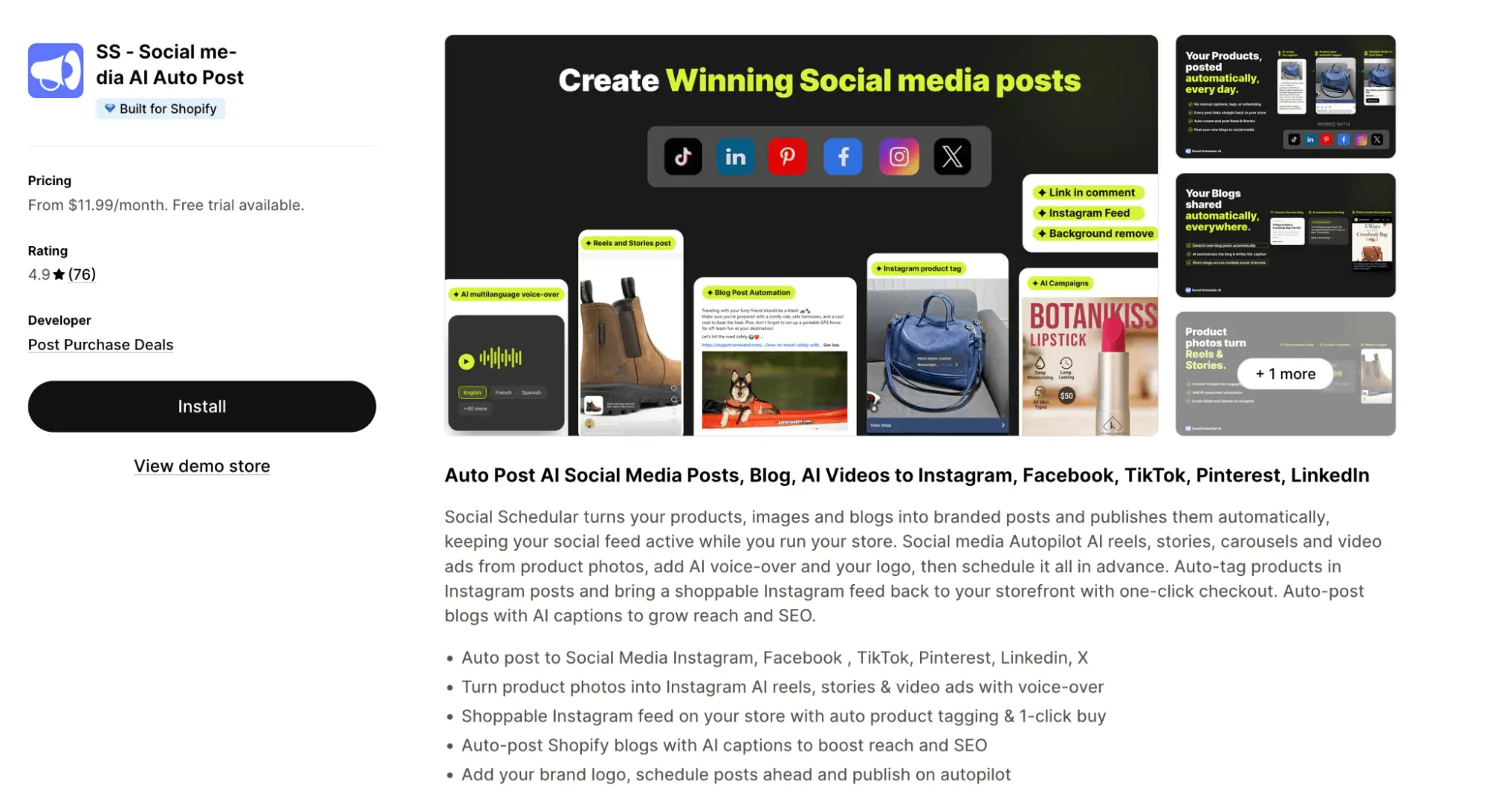 SS Social Media AI Auto Post listing with the Built for Shopify badge and pricing from $11.99 per month