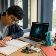 Student using STEM websites beside a microscope, circuit board, robot, and handwritten notes