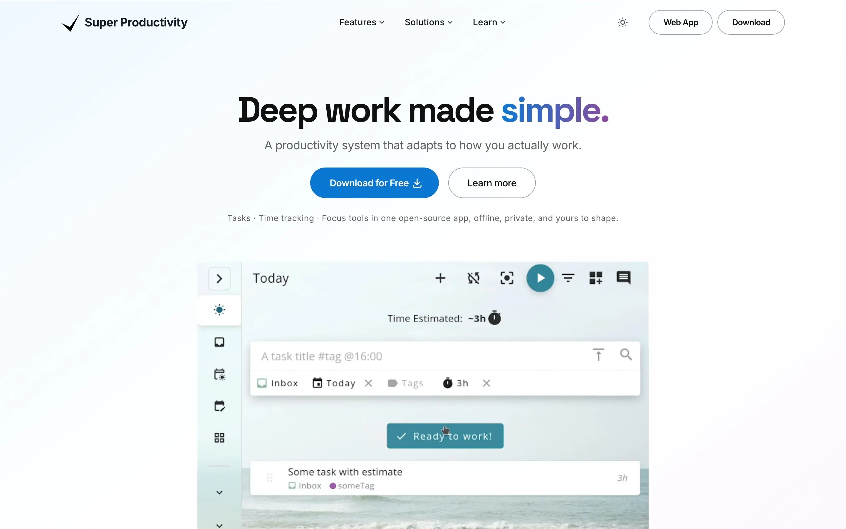 Super Productivity open-source app with tasks, time tracking, and focus tools