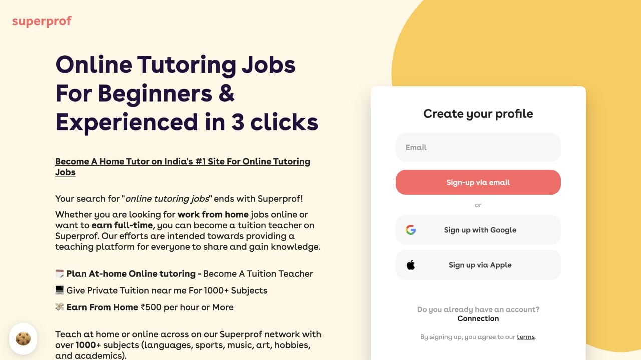 Superprof tutor signup page with profile creation form