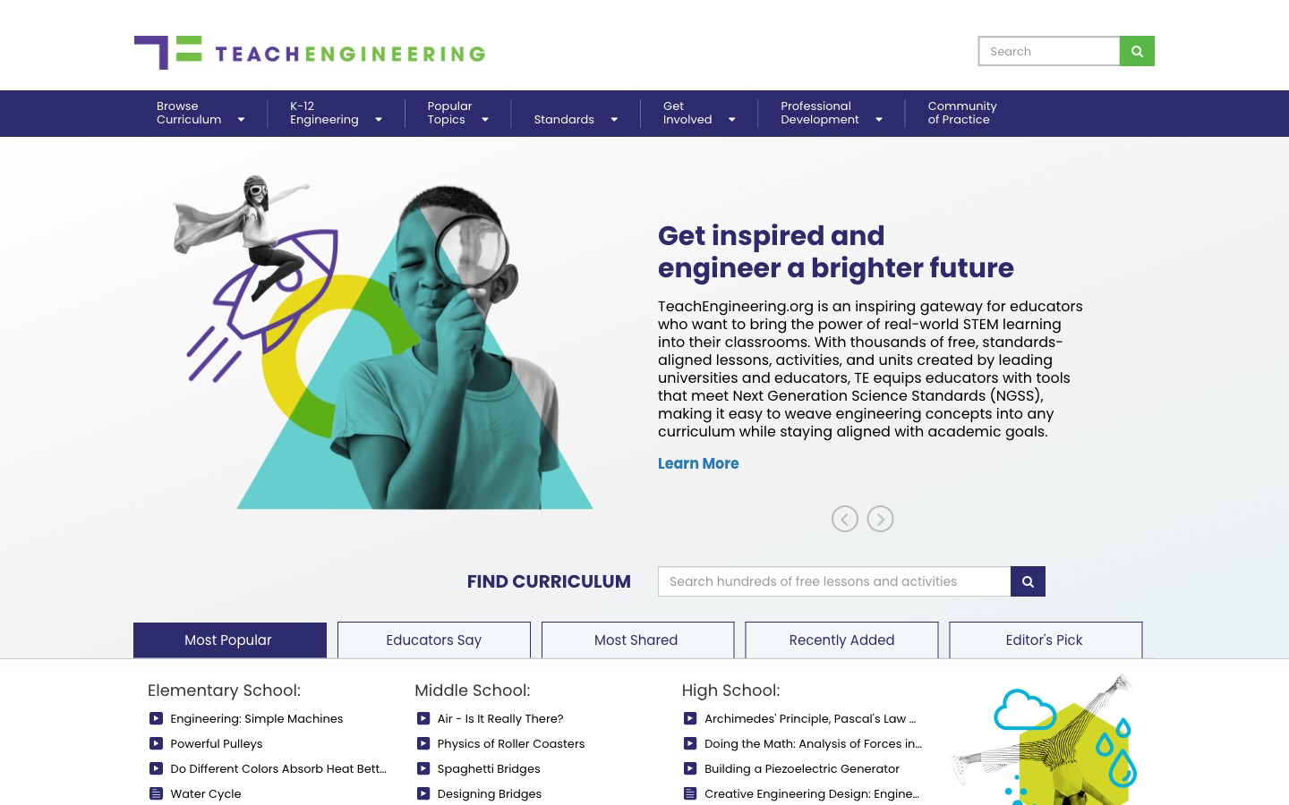 TeachEngineering homepage for free K-12 engineering lessons and activities