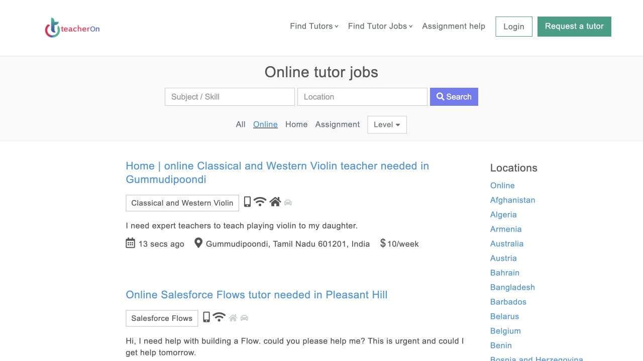 TeacherOn online tutor jobs page with subject and location filters