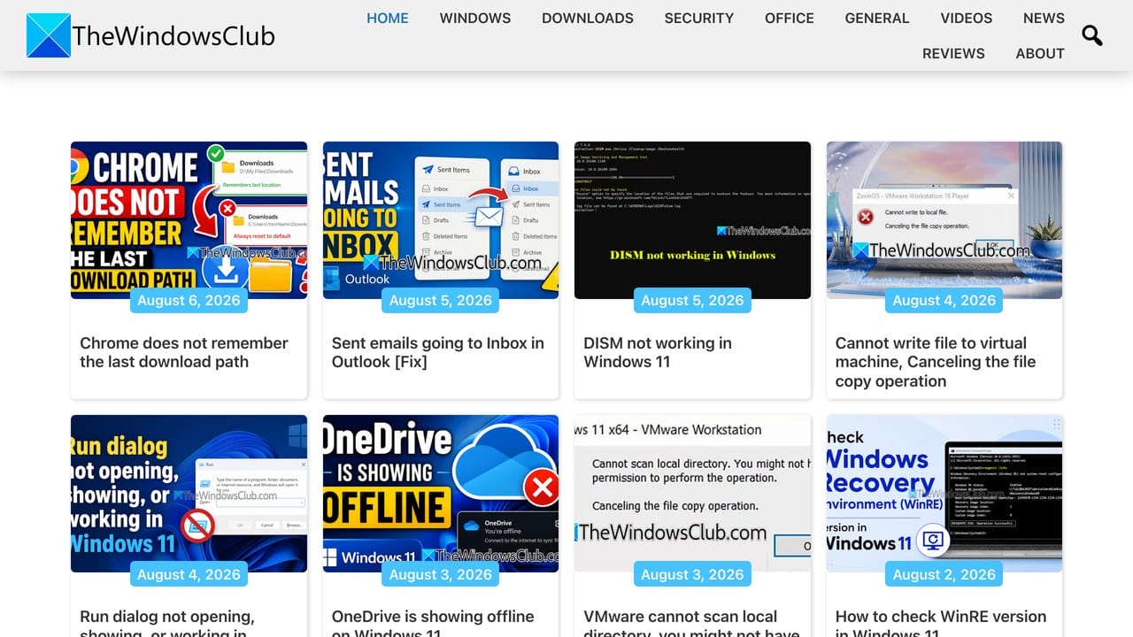 TheWindowsClub homepage grid of dated Windows fix articles.