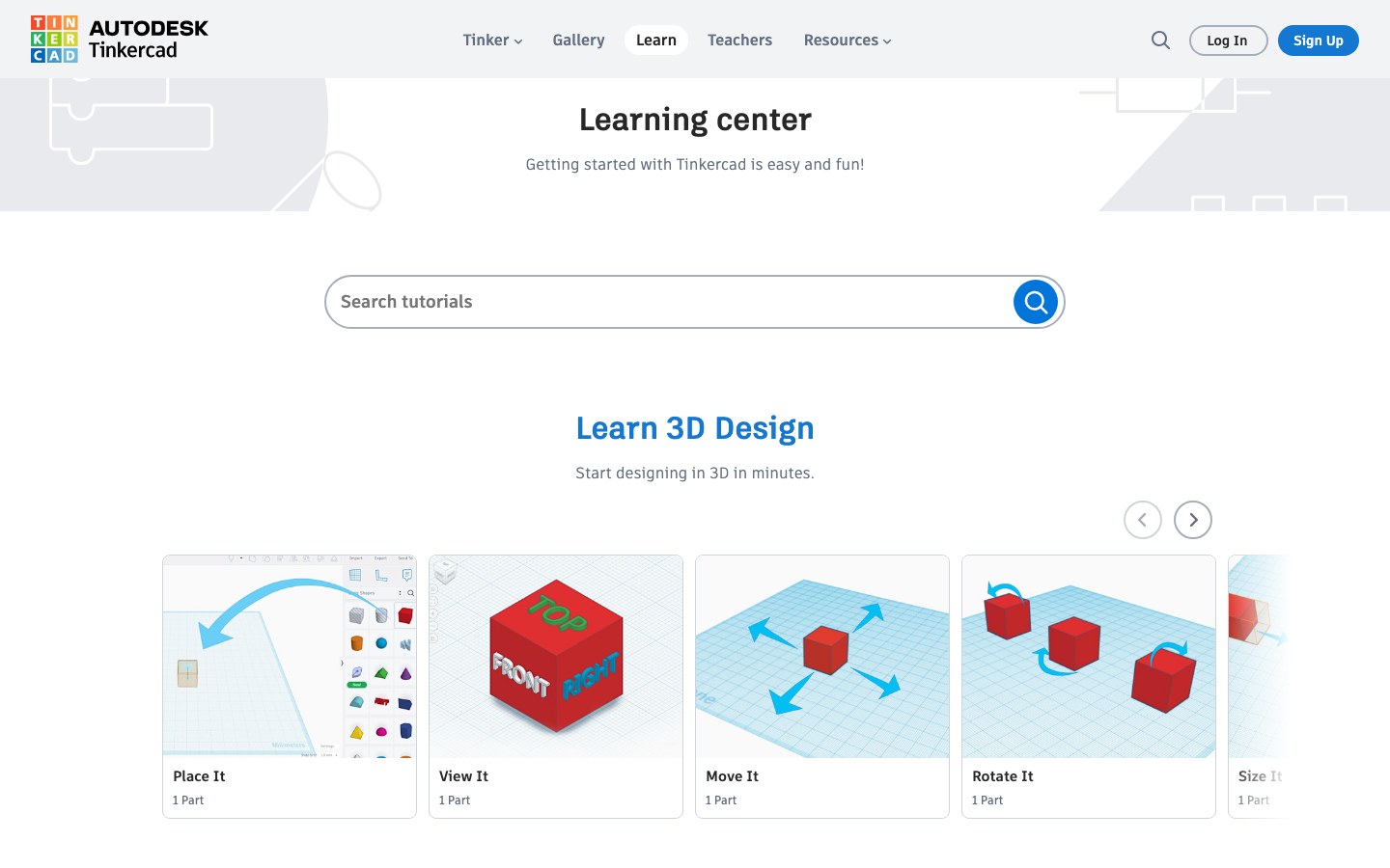 Tinkercad learning center hero with 3D design tutorials