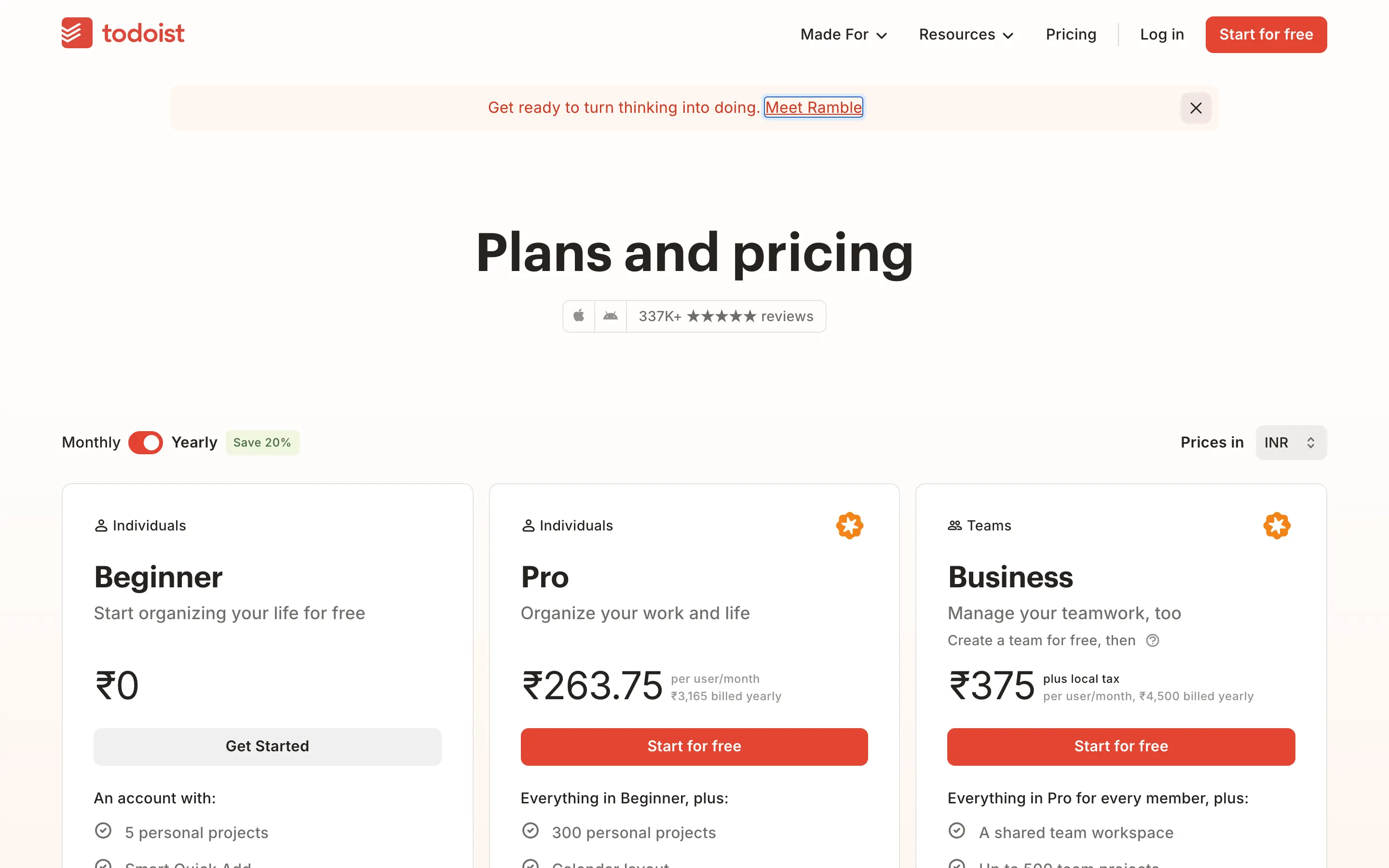 Todoist Pro annual pricing in India shown as Rs 3,165 per year