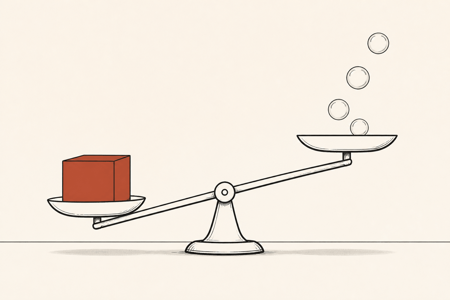 A balance scale where a solid block outweighs 4 soap bubbles drifting up out of the opposite pan