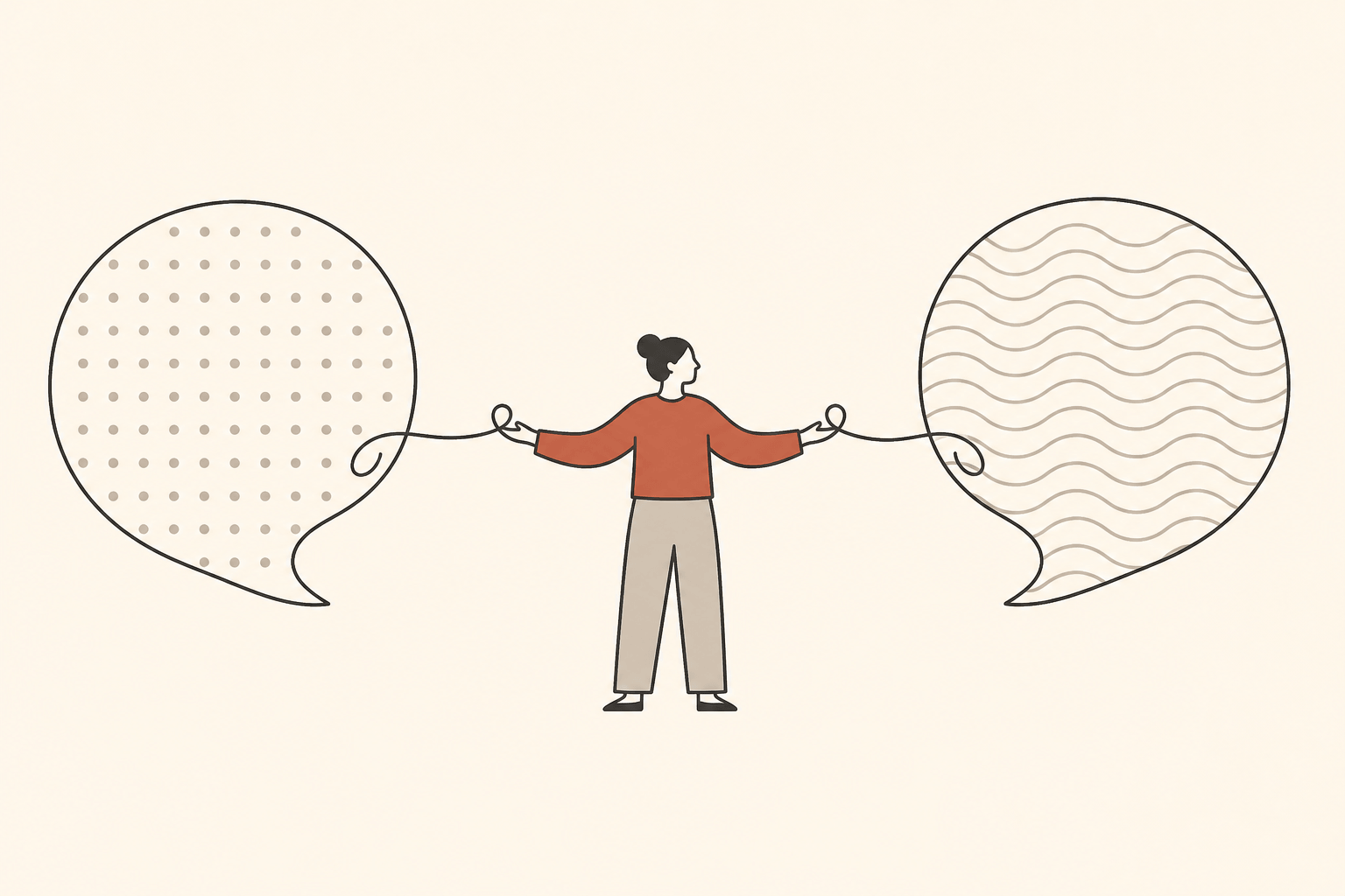A translator stands between two differently patterned speech bubbles, connecting them with a single flowing line