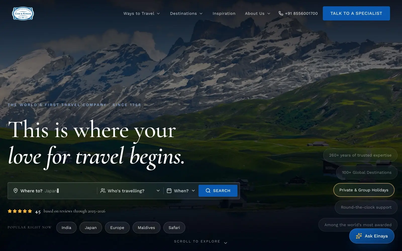Cox and Kings homepage showing escorted group tours and tailor-made journeys