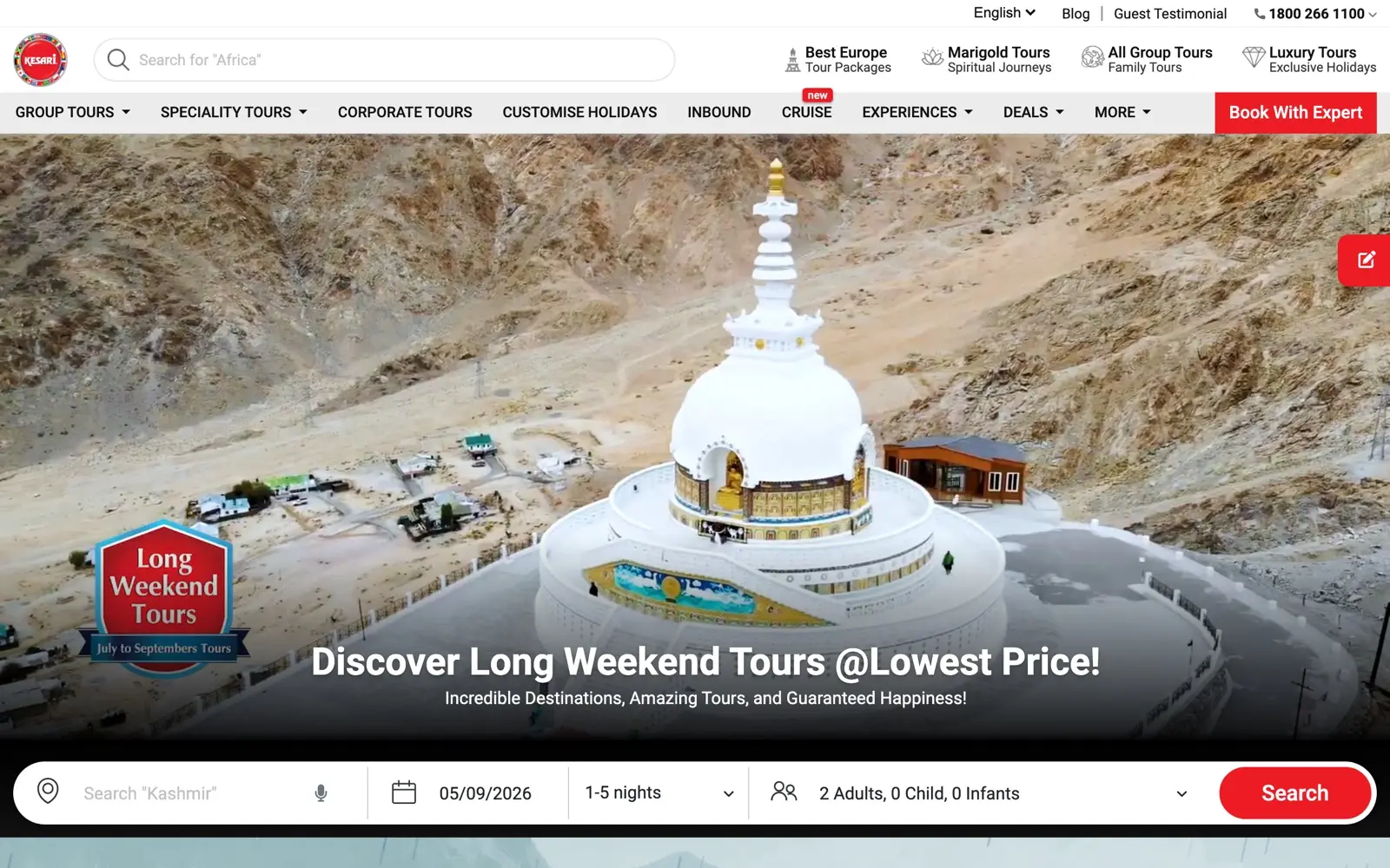 Kesari Tours homepage showing group tours and specialty tour categories