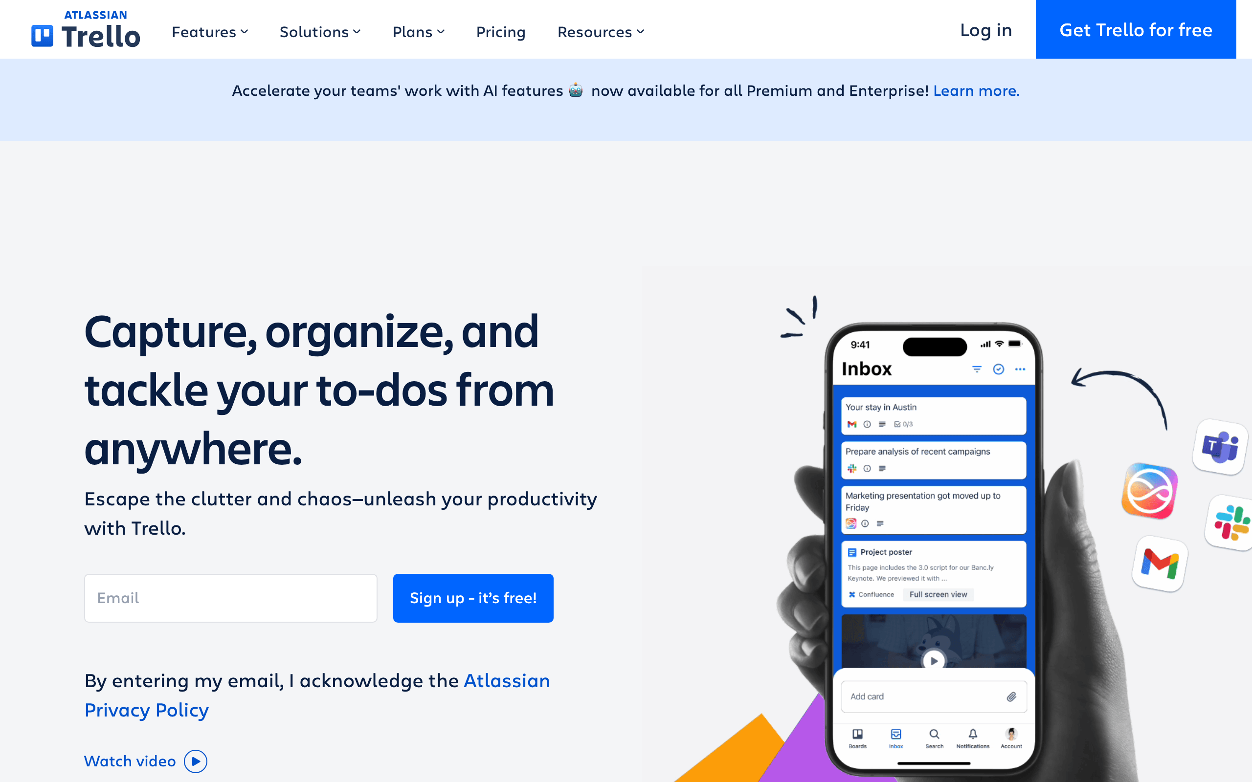 Trello homepage with boards and inbox for capturing and organizing work