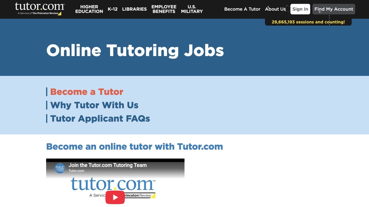 Tutor.com online tutoring jobs page with tutor application links