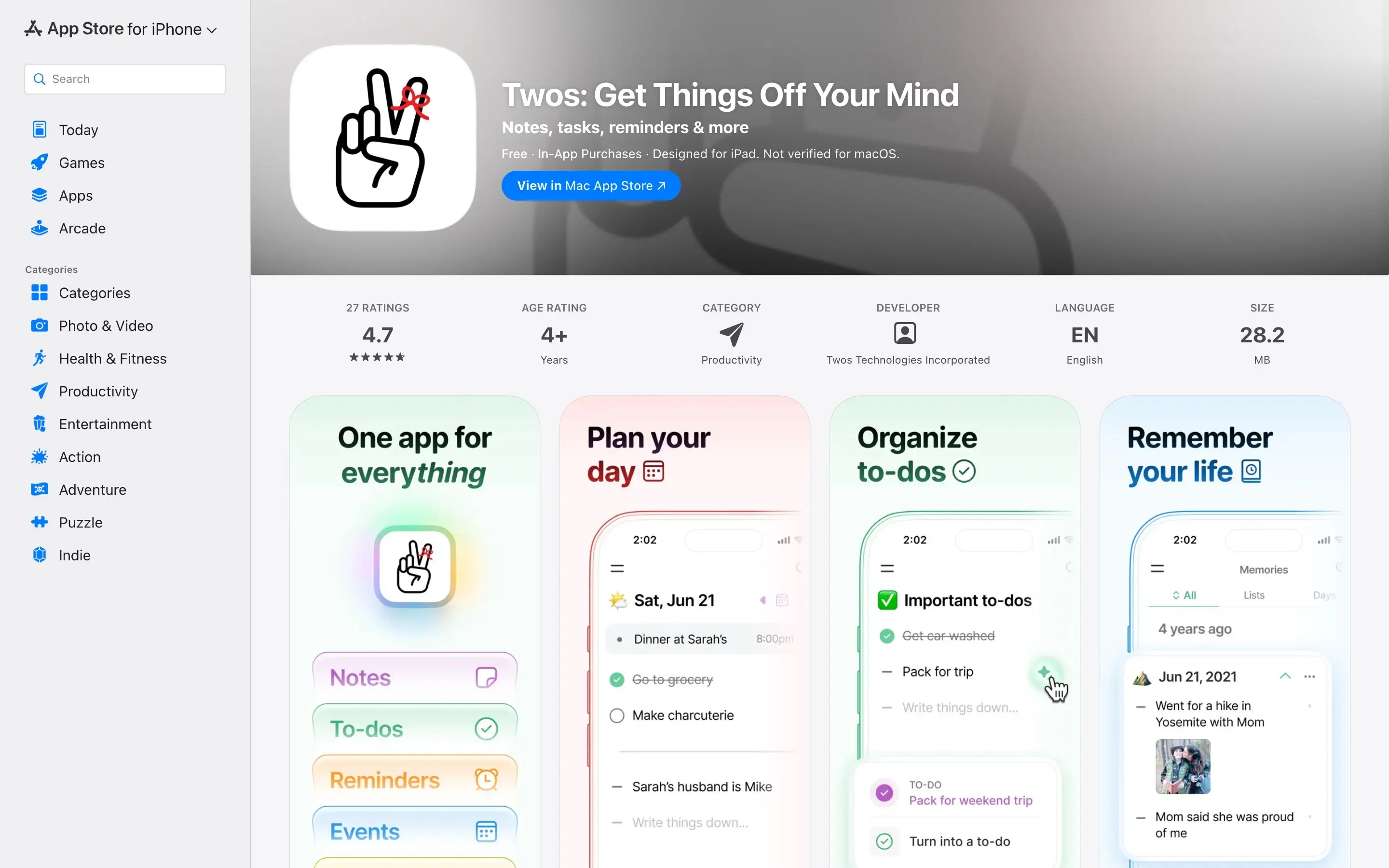 Twos app listing on the App Store covering notes, tasks, reminders, and events