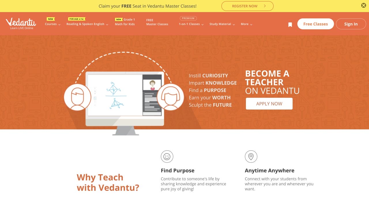 Vedantu teacher application page with Become a Teacher on Vedantu message
