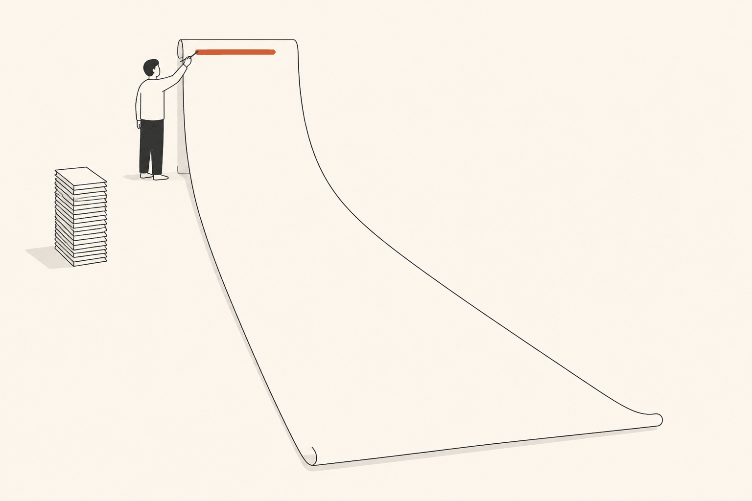 A writer setting one short bold line at the top of a long blank page while a stack of feature cards sits pushed aside