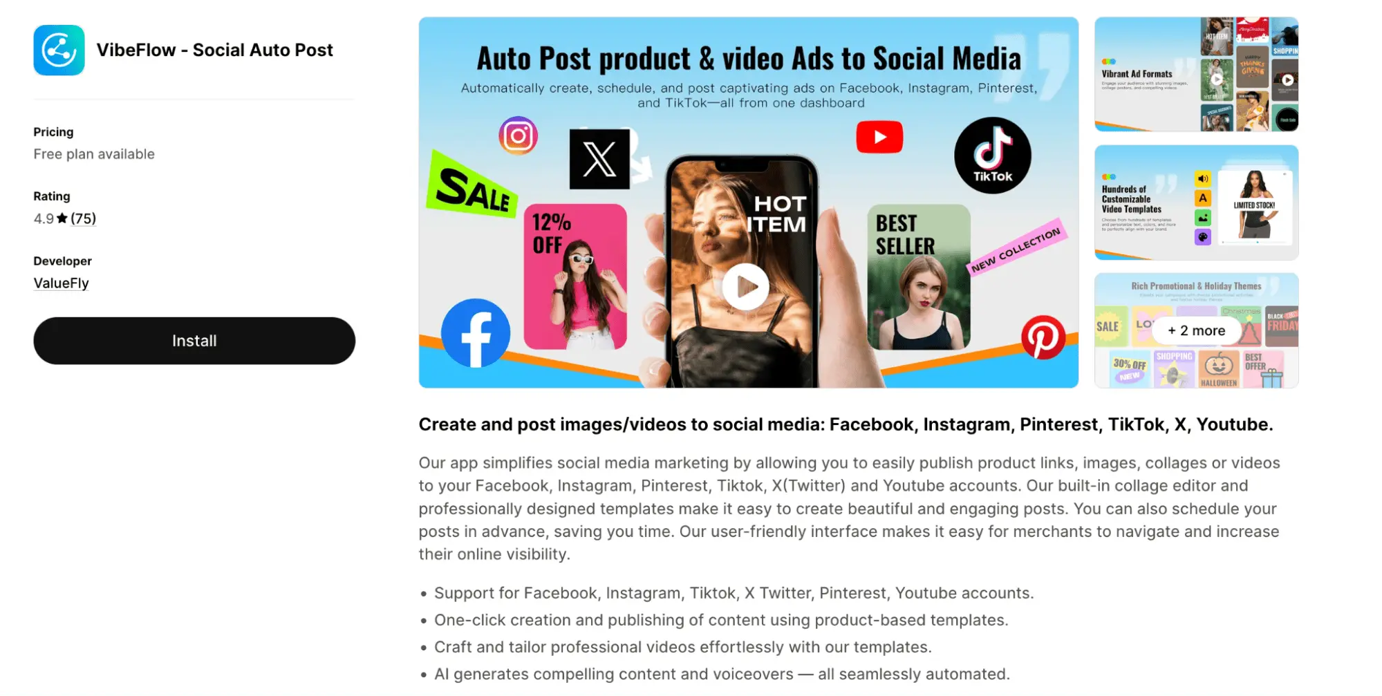 VibeFlow Social Auto Post listing on the Shopify App Store showing a 4.9 star rating from 75 reviews