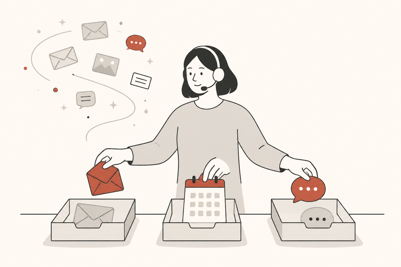 A virtual assistant with a headset sorts floating emails, calendar pages and chat bubbles into 3 neat trays