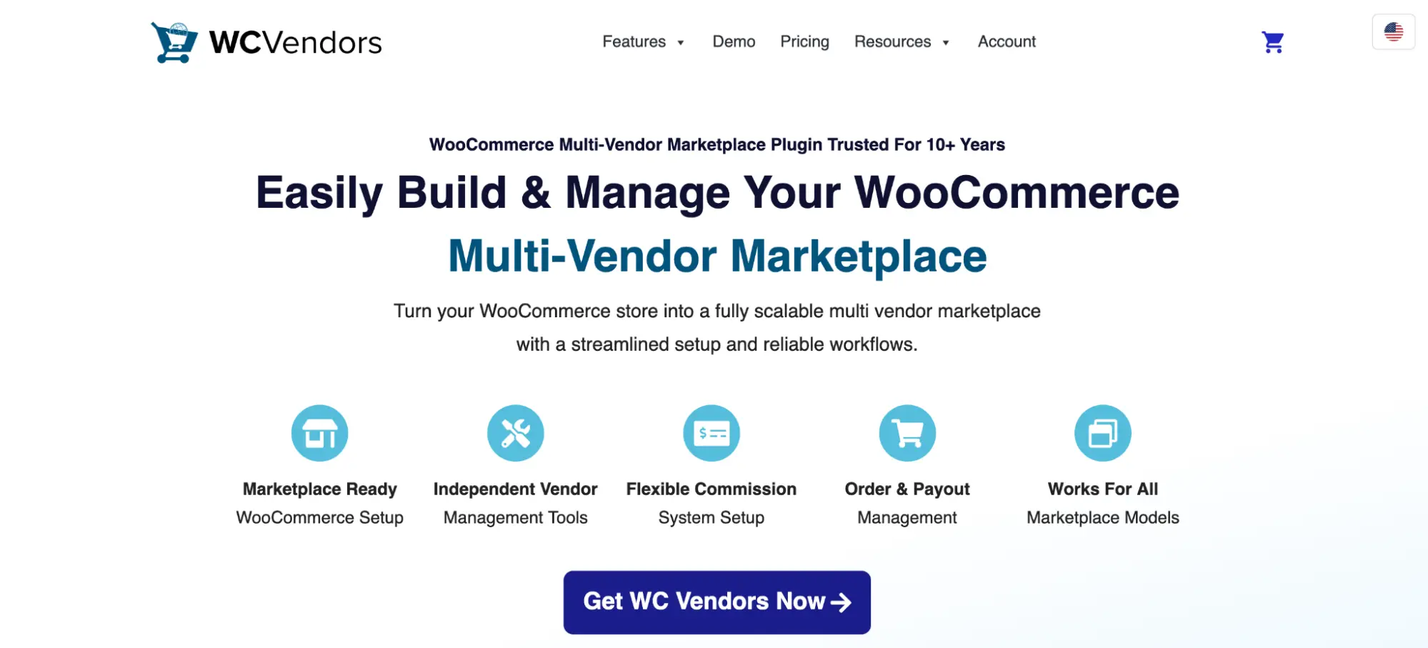 WC Vendors homepage describing its WooCommerce multi-vendor marketplace plugin trusted for over 10 years