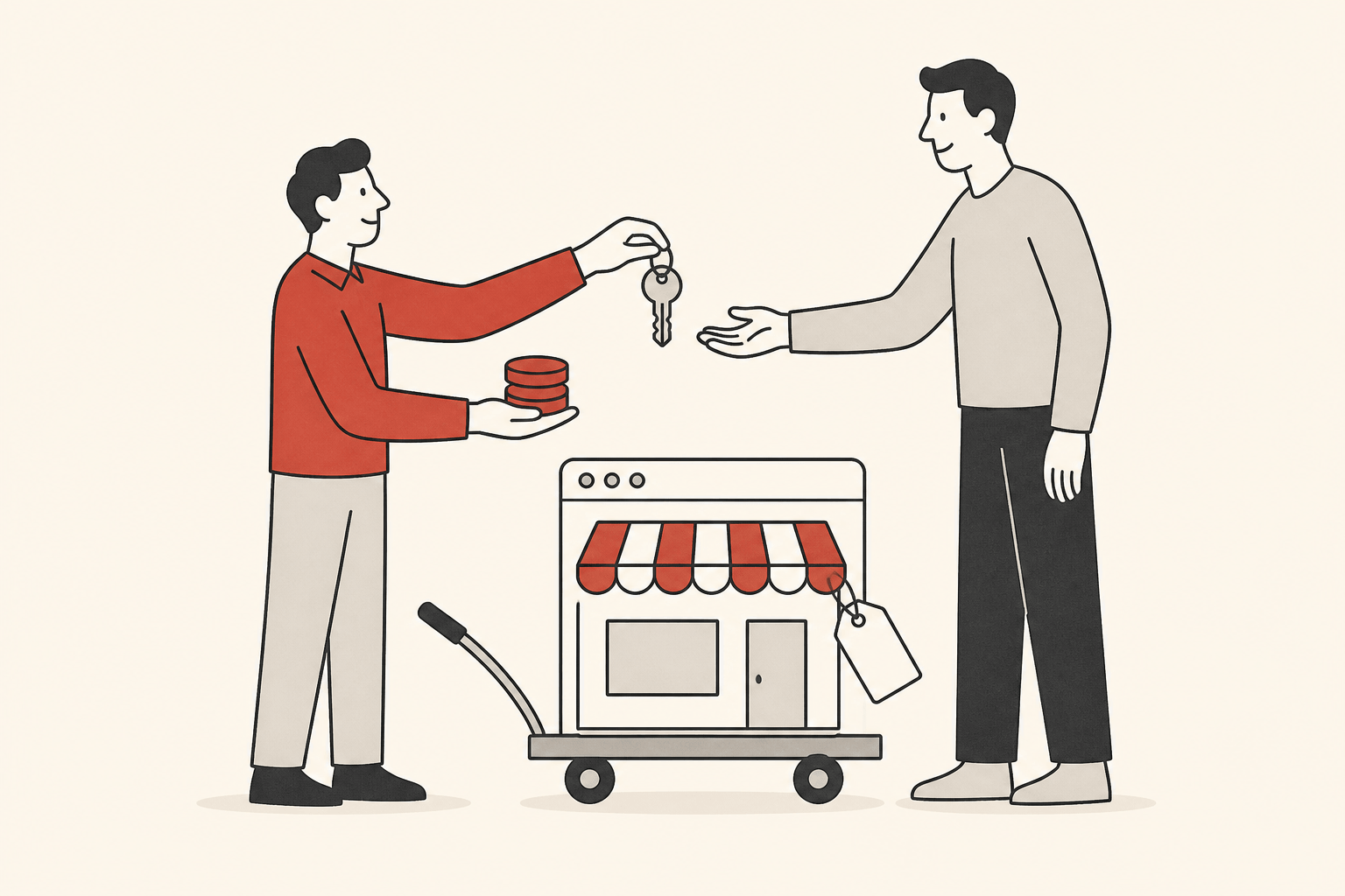 A seller hands the keys of a small storefront-shaped website on a wheeled cart to a buyer holding coins