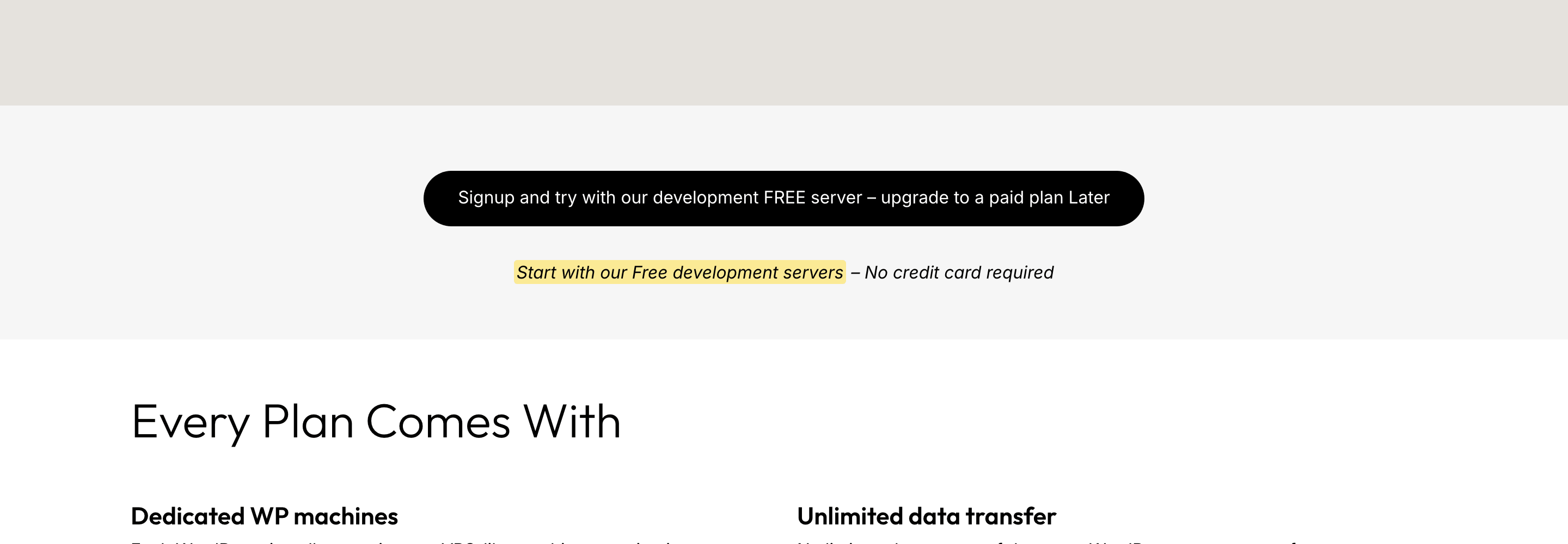 Wetopi pricing page showing free WordPress development servers without a credit card