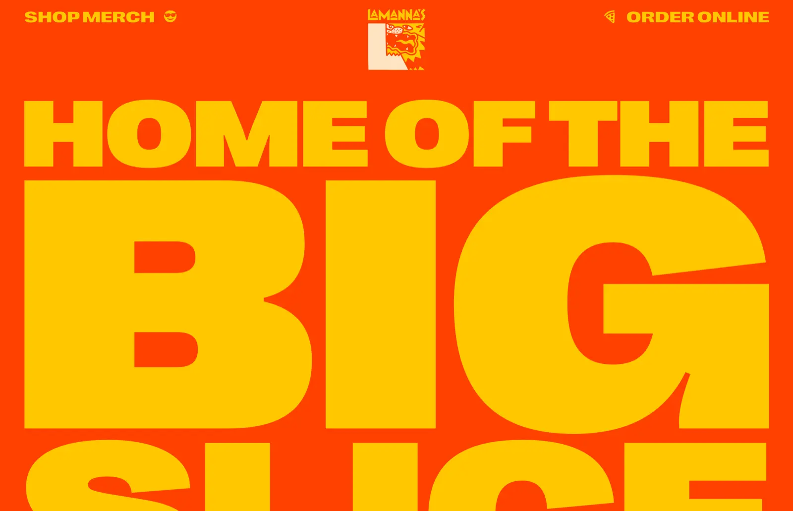 Lamanna's Bakery homepage with oversized 'Home of the Big Slice' typography in orange and yellow