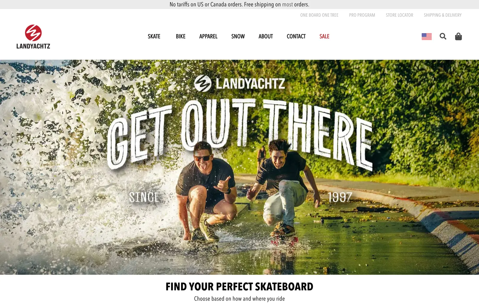 Landyachtz skateboard store homepage with Get Out There hero photo and Find Your Perfect Skateboard section