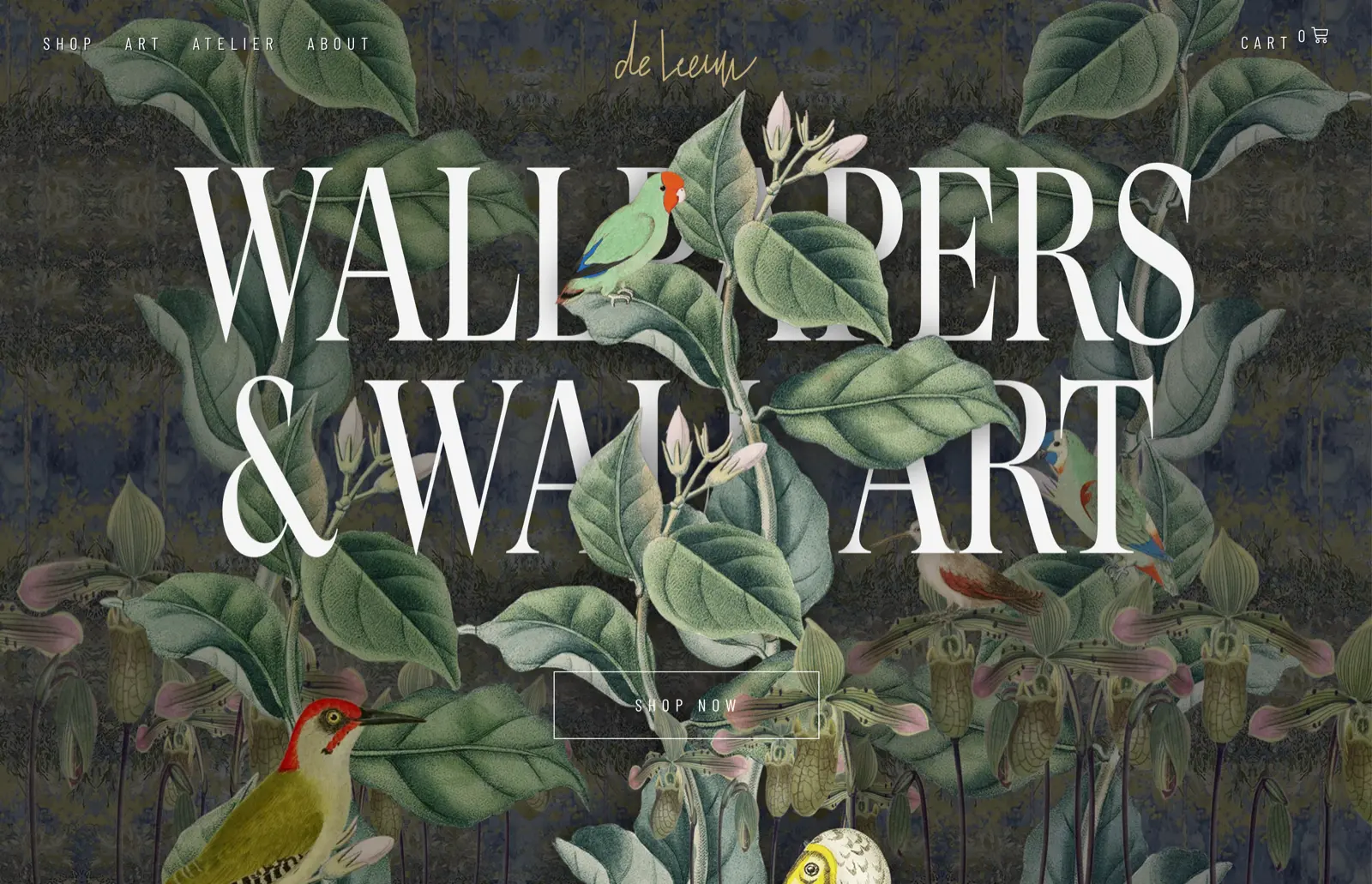 Steffie de Leeuw homepage with botanical wallpaper artwork behind the headline Wallpapers and Wall Art