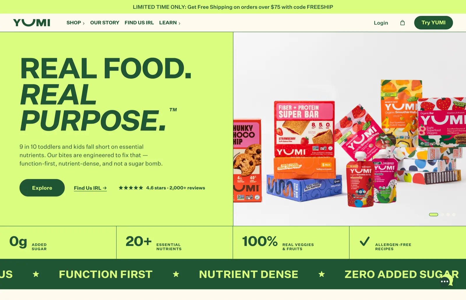 Yumi homepage with the Real Food Real Purpose headline, product lineup, review rating, and nutrition stats