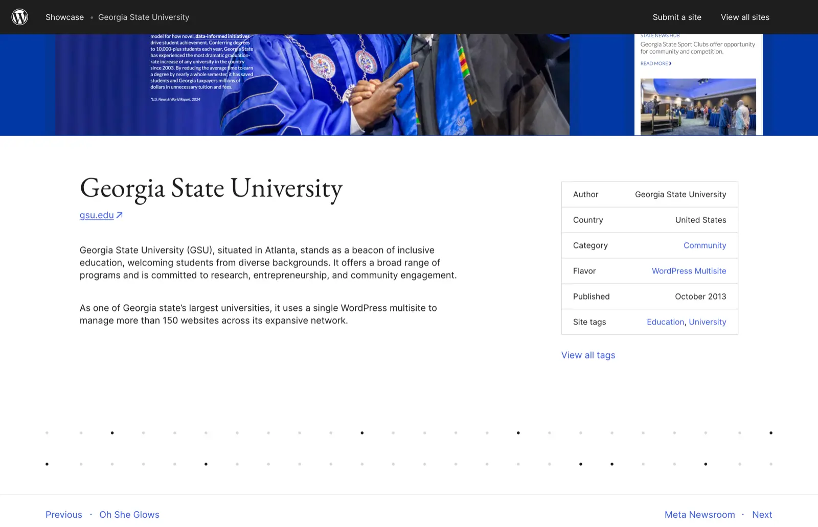 Georgia State University entry in the WordPress.org showcase listing the WordPress Multisite flavor and 150+ managed websites