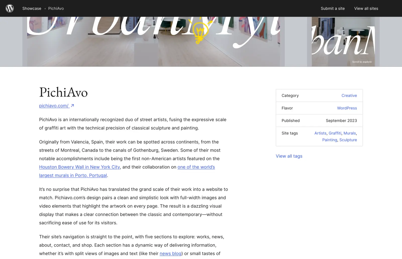 PichiAvo entry in the WordPress.org showcase describing the street-art duo's WordPress site