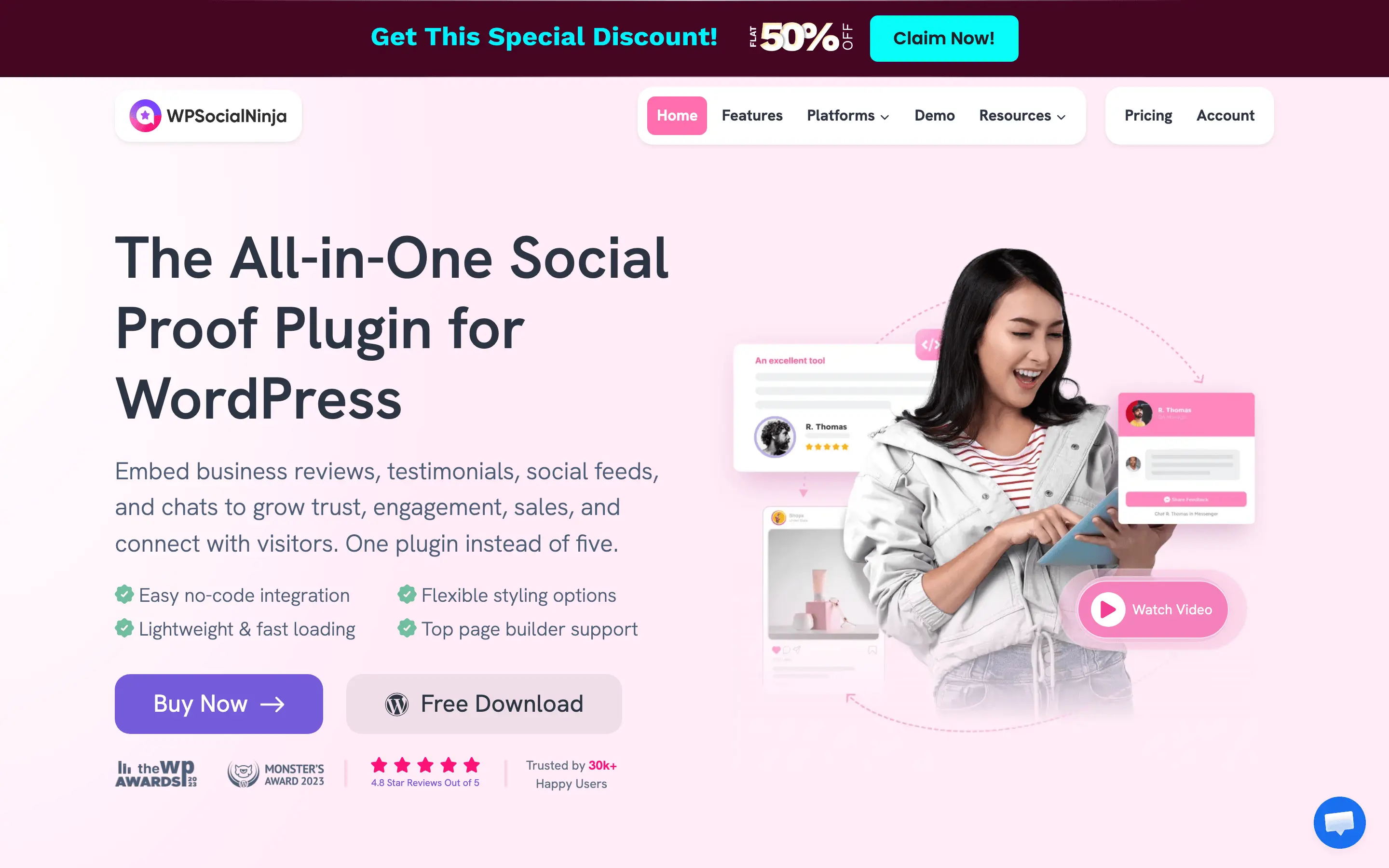 WP Social Ninja homepage describing its all-in-one social proof plugin with reviews, social feeds, and chat for WordPress