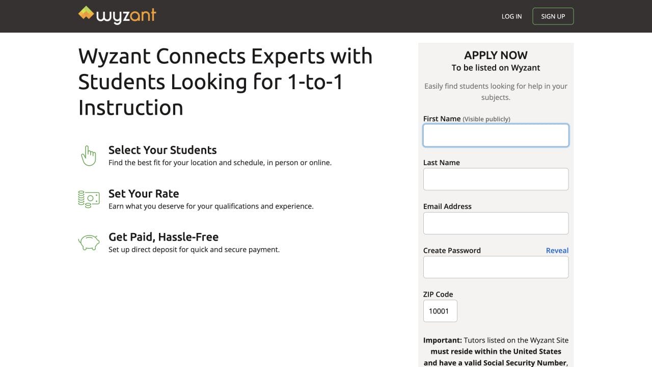 Wyzant tutor signup page for experts offering one-to-one instruction