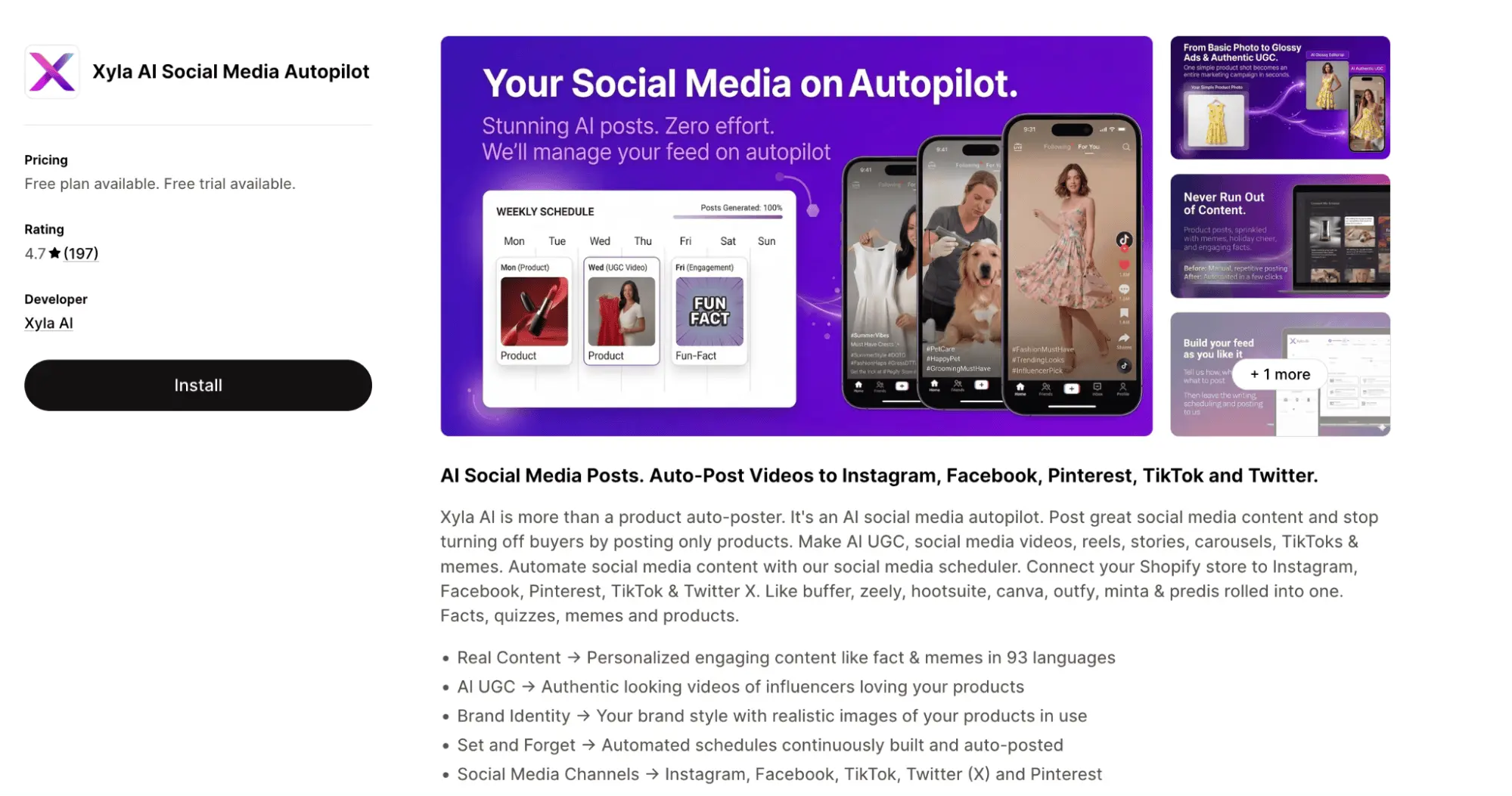 Xyla AI Social Media Autopilot listing on the Shopify App Store showing a 4.7 star rating from 197 reviews