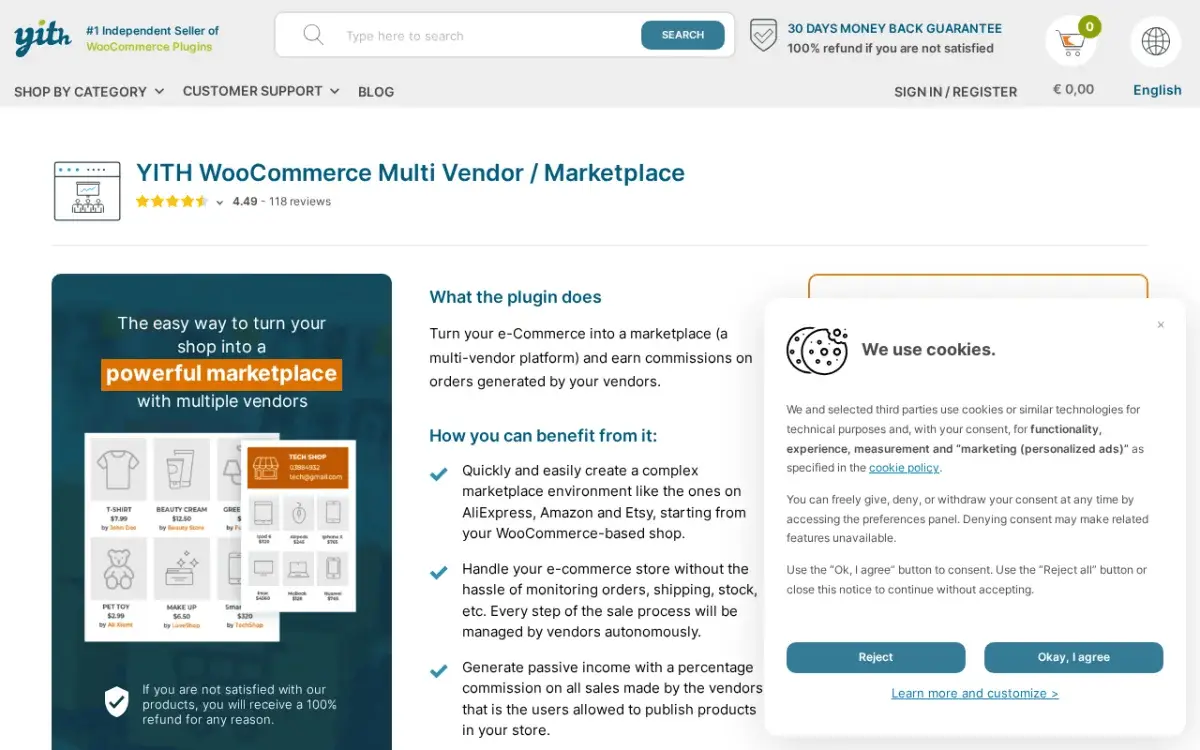 YITH WooCommerce Multi Vendor product page showing a 4.49 rating from 118 reviews